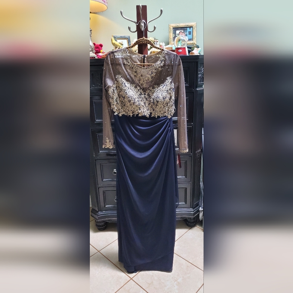 Xscape Navy & Gold Evening Gown Size 14
